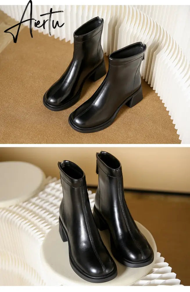 Fashion Short Boots Women's Autumn and Winter New Round Head Zipper Thick Heel Leather Boots High Heel Botines Chelsea Aiertu