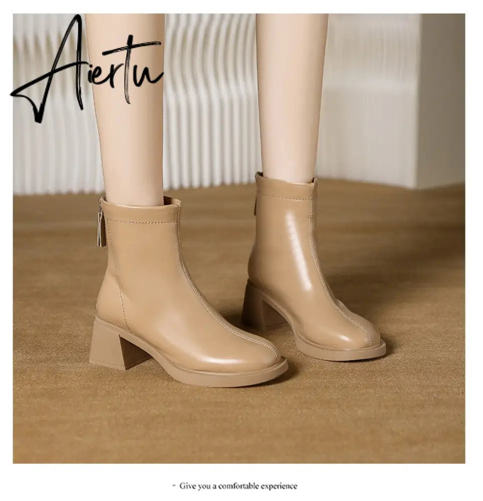 Fashion Short Boots Women's Autumn and Winter New Round Head Zipper Thick Heel Leather Boots High Heel Botines Chelsea Aiertu