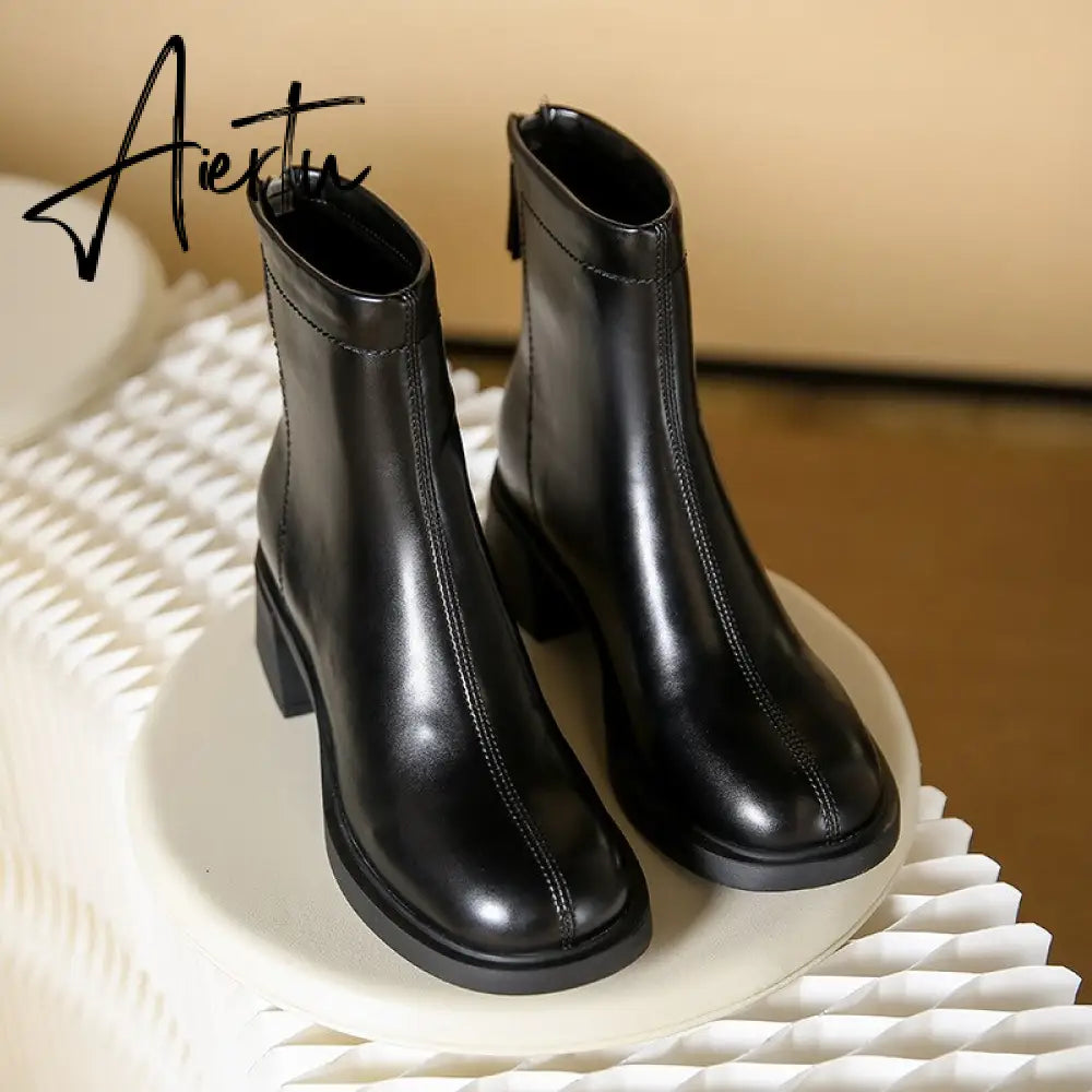 Fashion Short Boots Women's Autumn and Winter New Round Head Zipper Thick Heel Leather Boots High Heel Botines Chelsea Aiertu