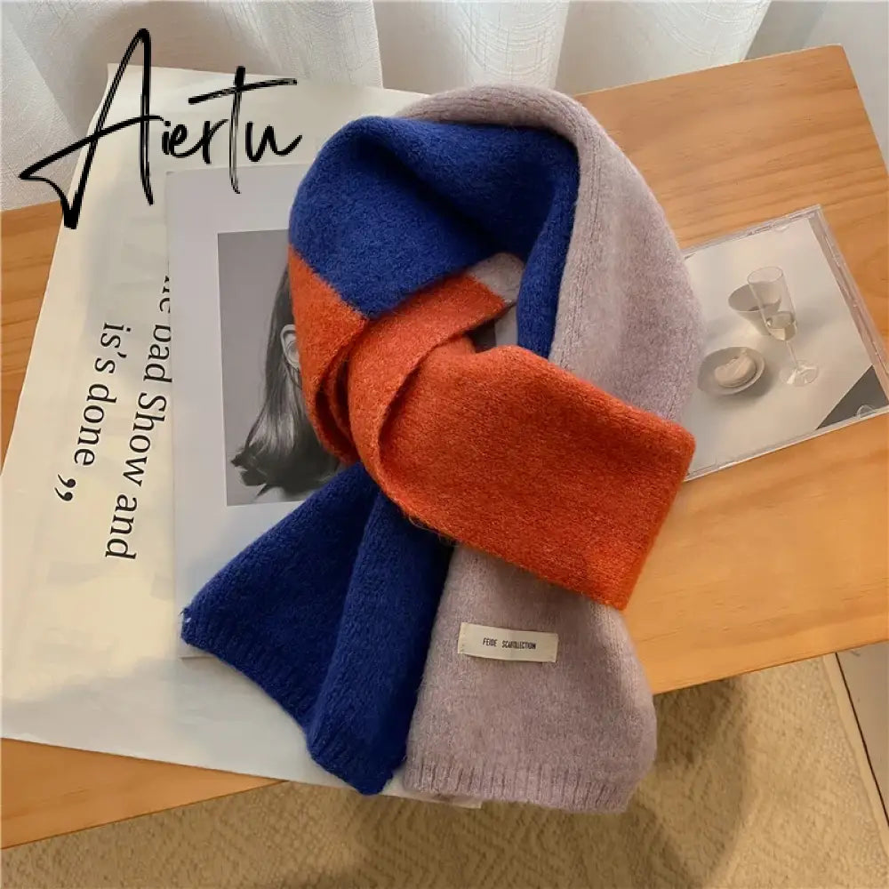 Fashion Solid Kintted Winter Scarf for Women Splice Thick Warm Cashmere Neckerchief Elastic Woolen Yarn Skinny Bufanda Foulard Aiertu