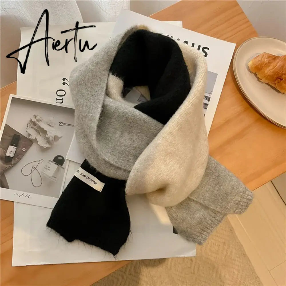 Fashion Solid Kintted Winter Scarf for Women Splice Thick Warm Cashmere Neckerchief Elastic Woolen Yarn Skinny Bufanda Foulard Aiertu