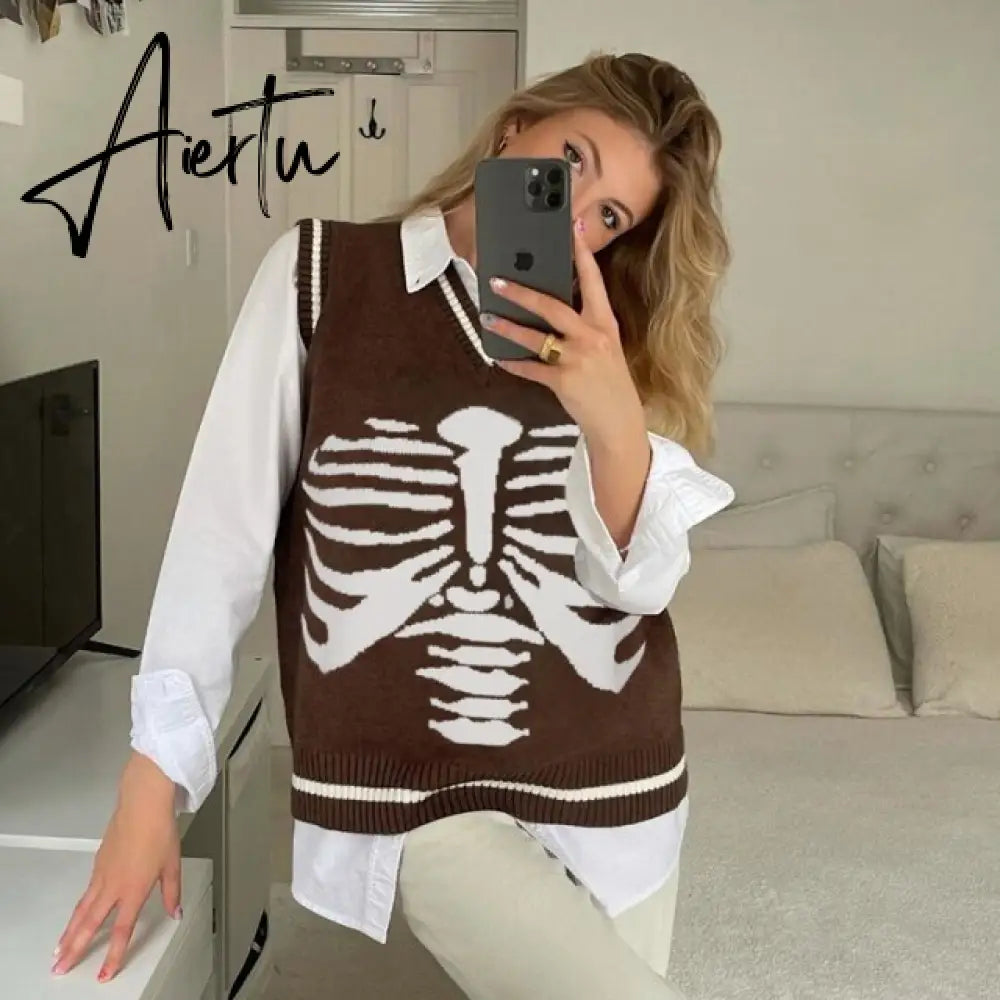 Fashion Sweaters Skulls Pullovers V Neck Knitwear Loose Casual Knitted Pull Oversize Women Streetwear Tops  Autumn Aiertu