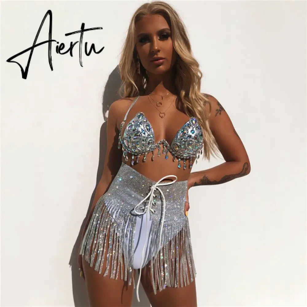 Fashion There 3 Piece Set Women Sexy Halter Shiny Diamante Bra Crop Top High Cut Short Tassel Bandage Skirt Clubwear 3 Pcs Set Aiertu