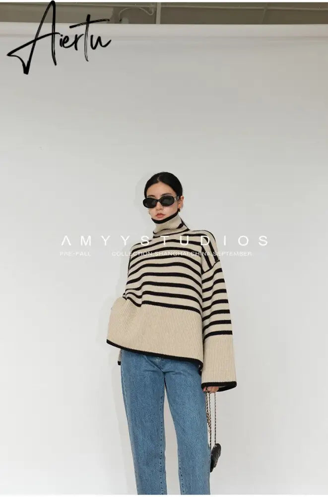 Fashion Tops Women Striped High Collar Sweater New Autumn Winter Loose Design Knitted Pullover Oversized Sweater  Jumper Aiertu