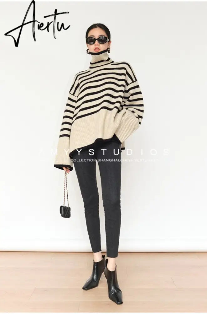 Fashion Tops Women Striped High Collar Sweater New Autumn Winter Loose Design Knitted Pullover Oversized Sweater  Jumper Aiertu