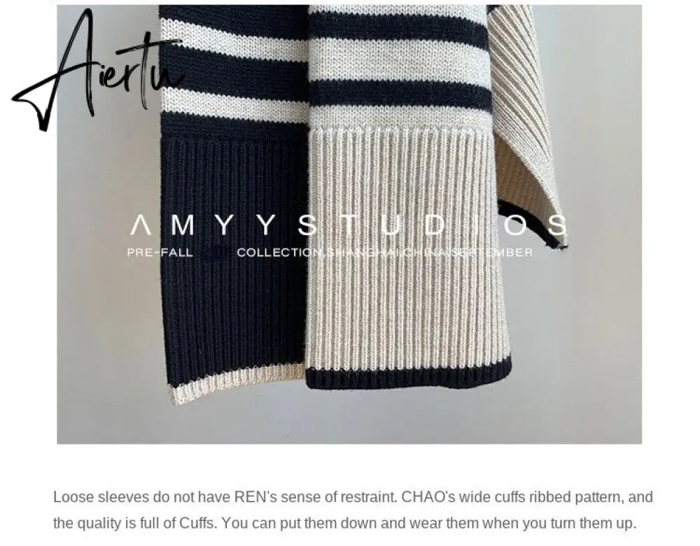 Fashion Tops Women Striped High Collar Sweater New Autumn Winter Loose Design Knitted Pullover Oversized Sweater  Jumper Aiertu