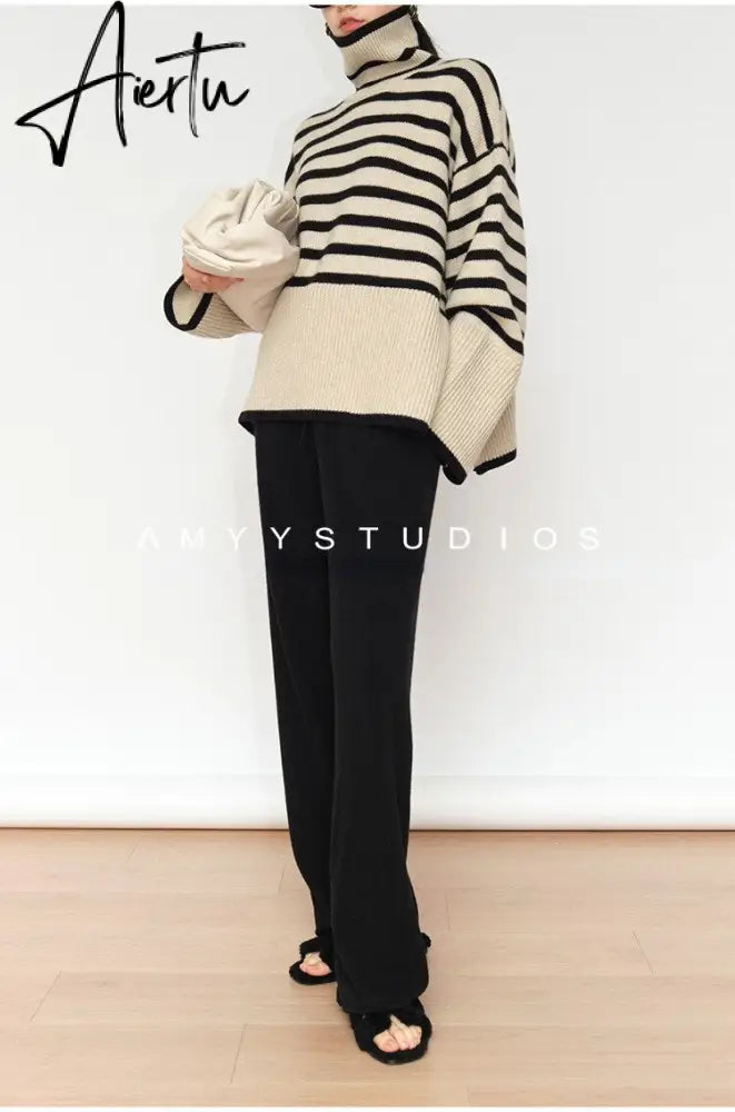 Fashion Tops Women Striped High Collar Sweater New Autumn Winter Loose Design Knitted Pullover Oversized Sweater  Jumper Aiertu