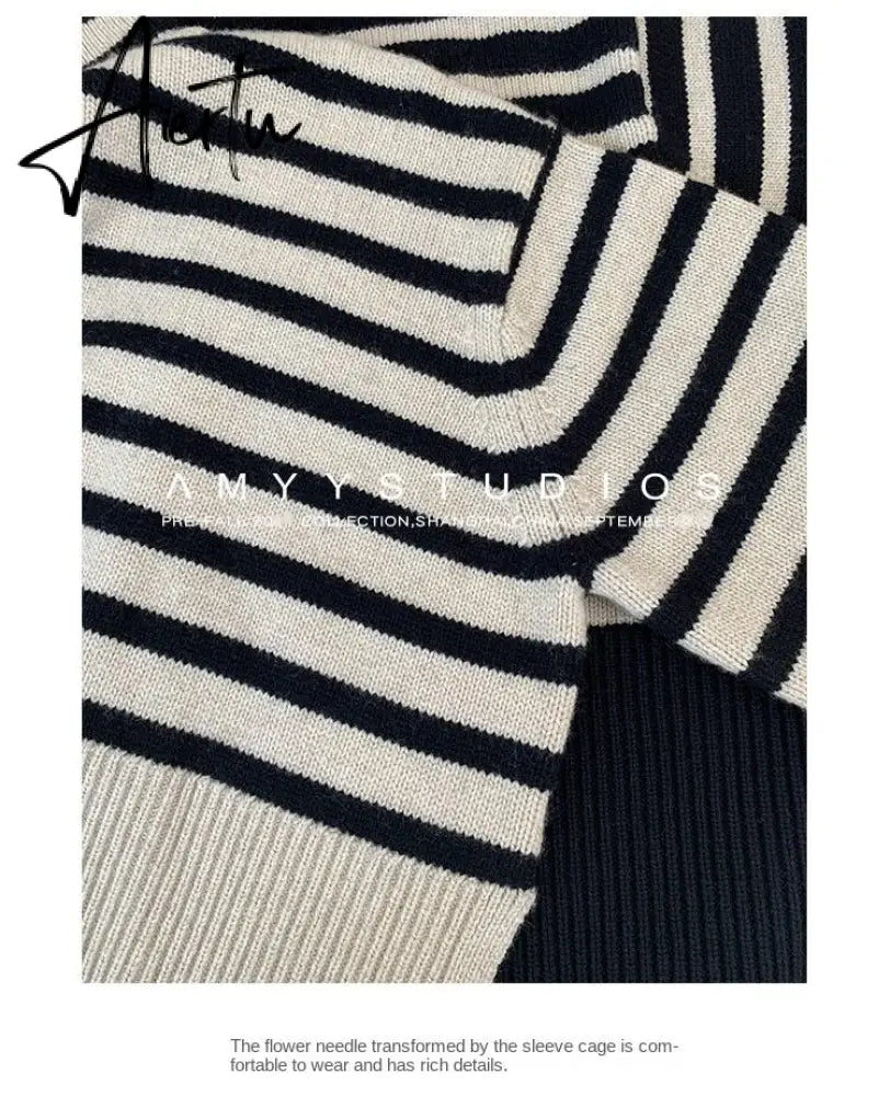 Fashion Tops Women Striped High Collar Sweater New Autumn Winter Loose Design Knitted Pullover Oversized Sweater  Jumper Aiertu