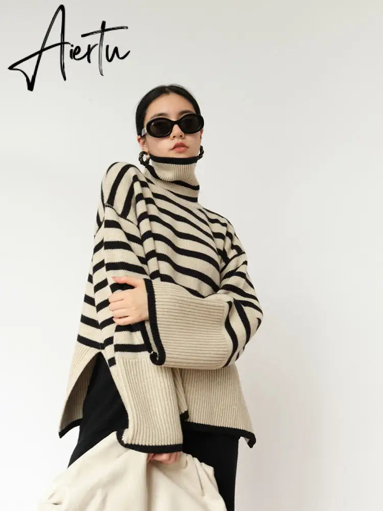 Fashion Tops Women Striped High Collar Sweater New Autumn Winter Loose Design Knitted Pullover Oversized Sweater  Jumper Aiertu