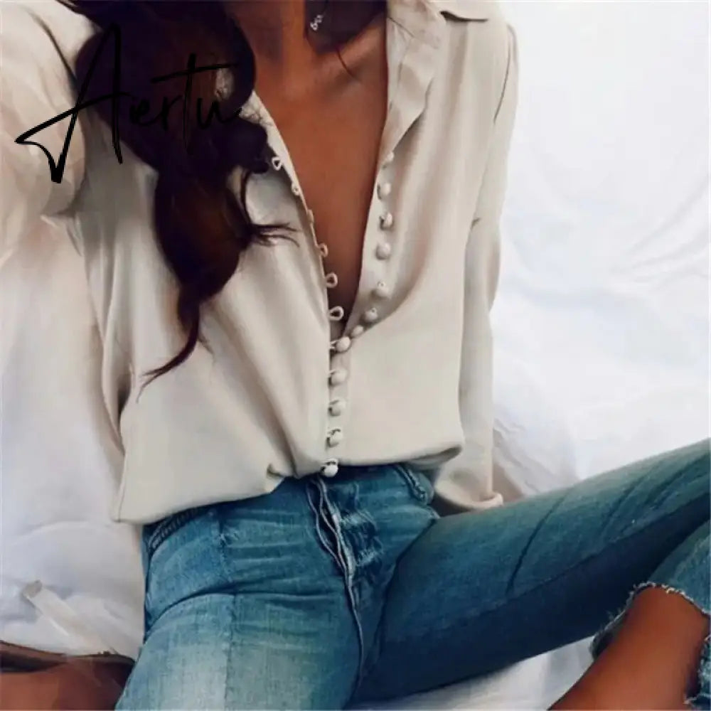 Fashion Women  Autumn Solid Buttons Blouse Shirt Long Sleeve Shirts Ladies OL Shirt White Office Shirt Women Clothing Aiertu