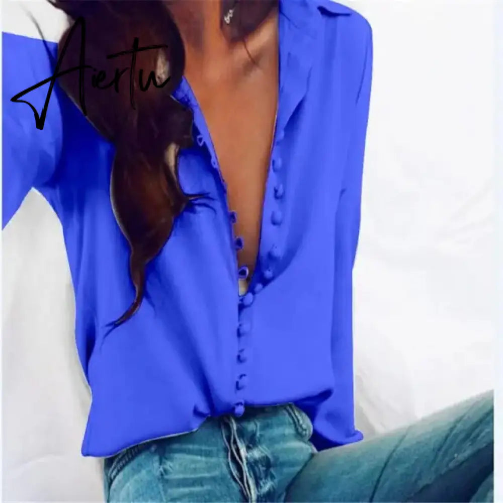 Fashion Women  Autumn Solid Buttons Blouse Shirt Long Sleeve Shirts Ladies OL Shirt White Office Shirt Women Clothing Aiertu