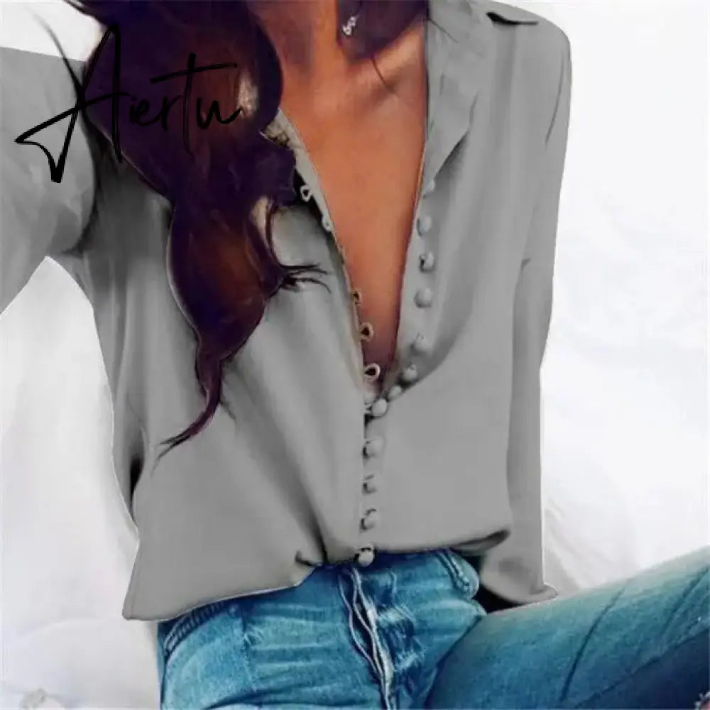 Fashion Women  Autumn Solid Buttons Blouse Shirt Long Sleeve Shirts Ladies OL Shirt White Office Shirt Women Clothing Aiertu