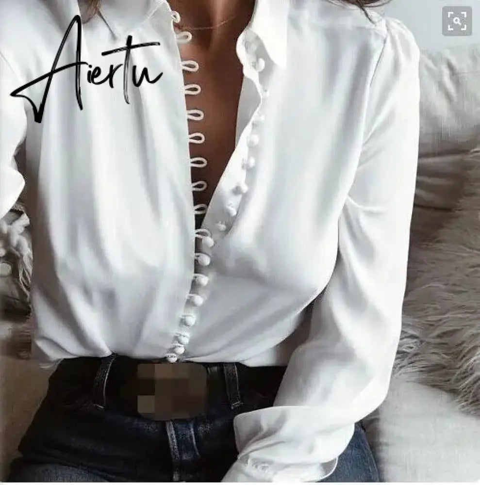 Fashion Women  Autumn Solid Buttons Blouse Shirt Long Sleeve Shirts Ladies OL Shirt White Office Shirt Women Clothing Aiertu