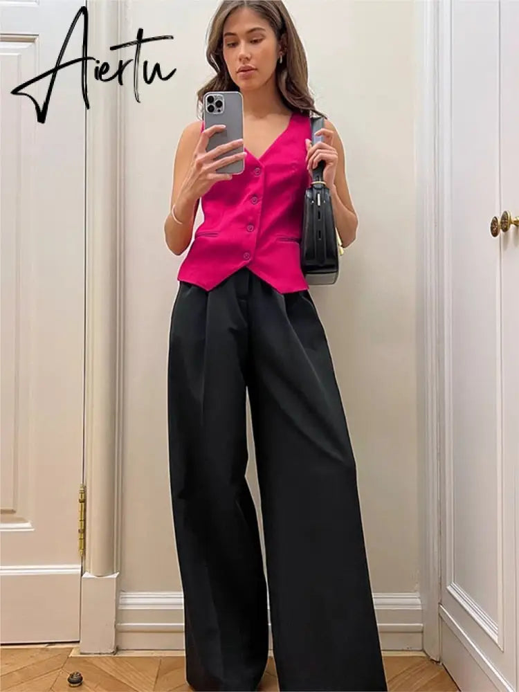 Fashion Women Button Vest And Wide Leg Pant Sets Spring Summer Tank Loose Straight Trouser 2pc Sets Commuter Office Lady Outfits Aiertu