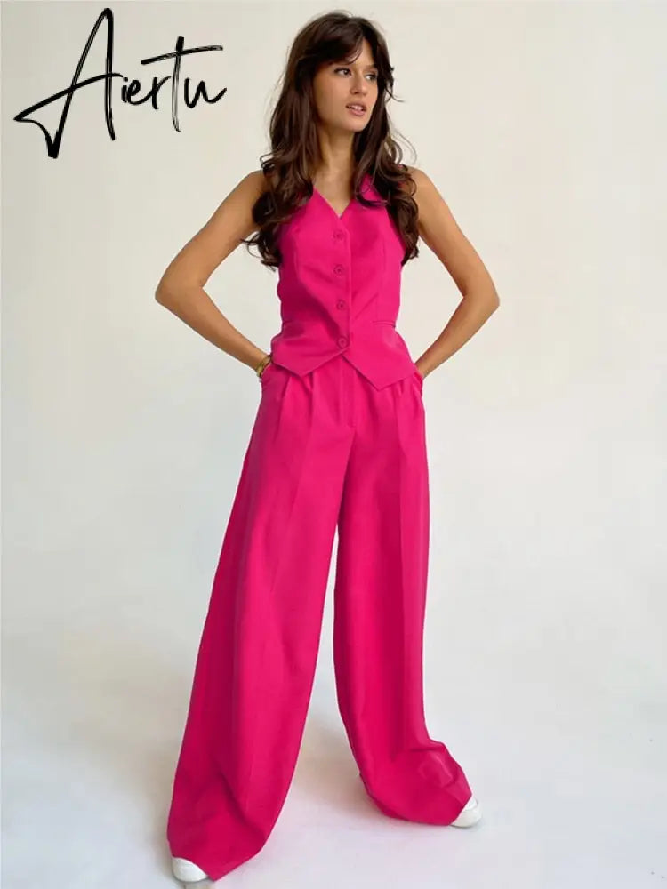 Fashion Women Button Vest And Wide Leg Pant Sets Spring Summer Tank Loose Straight Trouser 2pc Sets Commuter Office Lady Outfits Aiertu