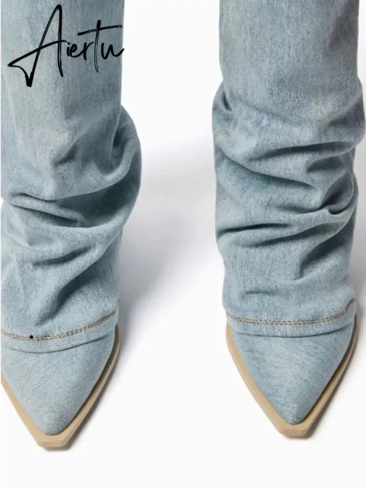 Fashion Women Chelsea Boots Cowboy Knee High Shoes 2023 New Autumn Winter Mid Heels Boots Casual Shoes Chunky Motorcycle Botas Aiertu
