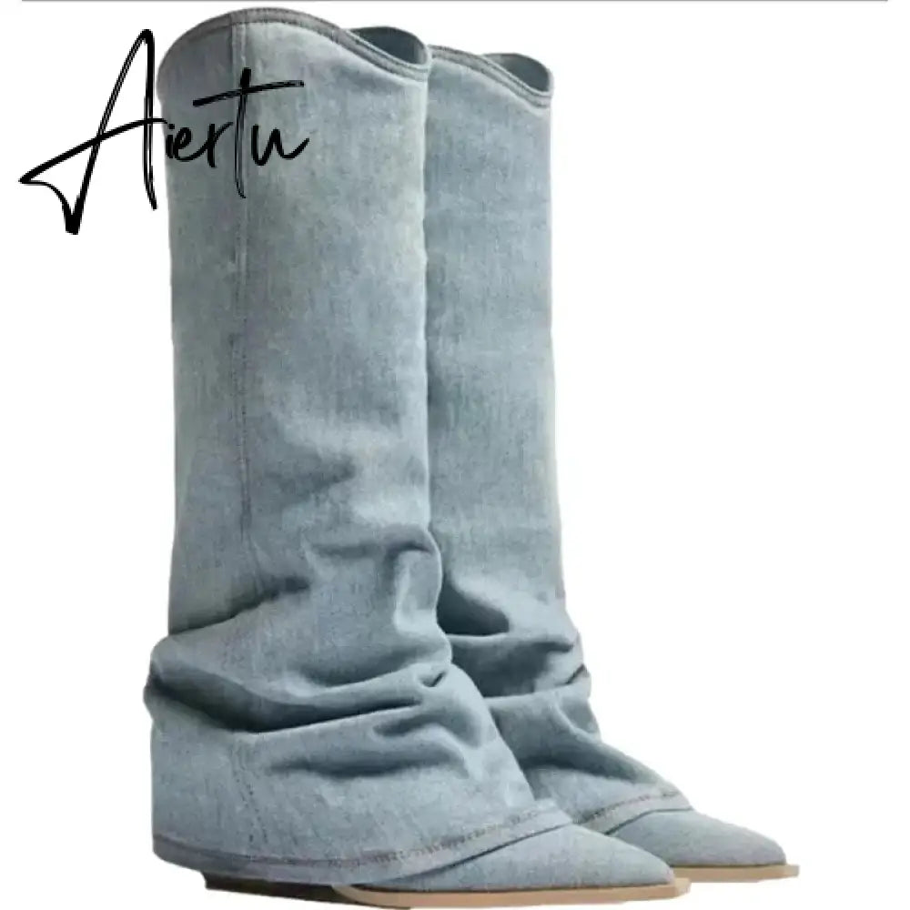 Fashion Women Chelsea Boots Cowboy Knee High Shoes 2023 New Autumn Winter Mid Heels Boots Casual Shoes Chunky Motorcycle Botas Aiertu