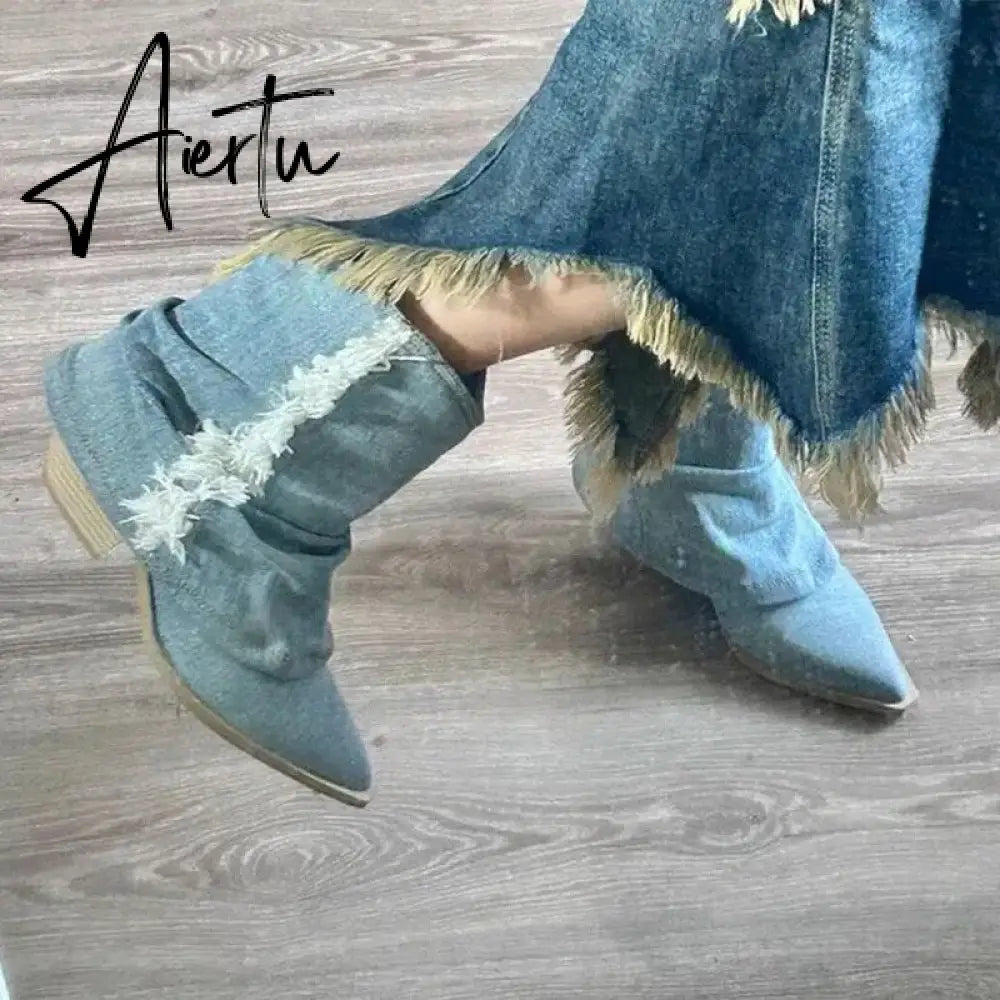 Fashion Women Chelsea Boots Cowboy Knee High Shoes 2023 New Autumn Winter Mid Heels Boots Casual Shoes Chunky Motorcycle Botas Aiertu