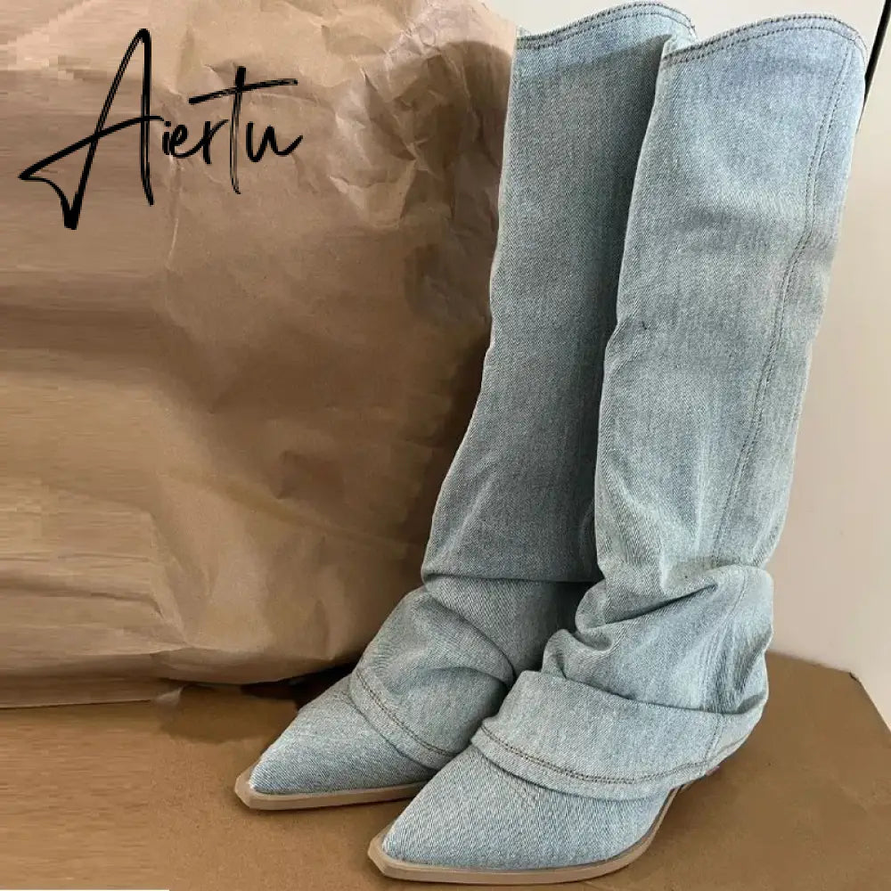 Fashion Women Chelsea Boots Cowboy Knee High Shoes 2023 New Autumn Winter Mid Heels Boots Casual Shoes Chunky Motorcycle Botas Aiertu
