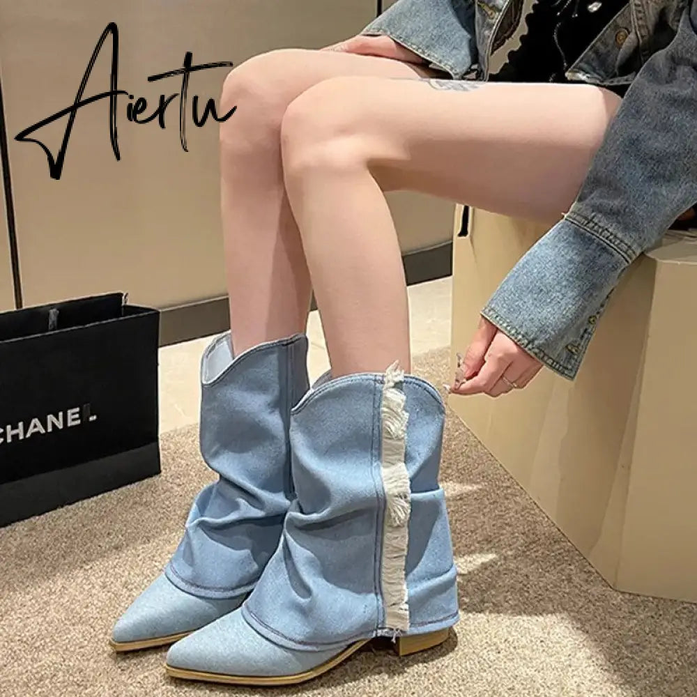 Fashion Women Chelsea Boots Cowboy Knee High Shoes 2023 New Autumn Winter Mid Heels Boots Casual Shoes Chunky Motorcycle Botas Aiertu
