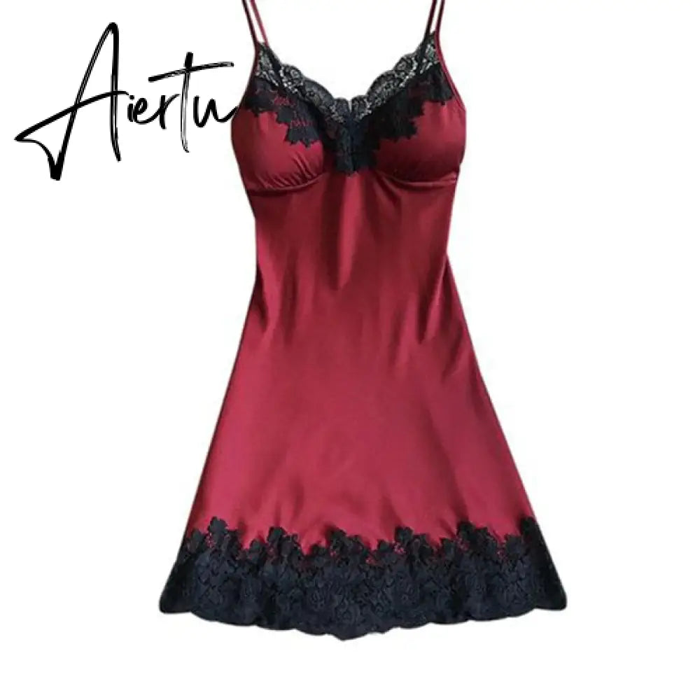 Fashionable Women Soft And Comfortable Sexy Padded V-Neck Lace Strappy Underwear Nightdress Charming Home Sleepwear домашняя оде Aiertu