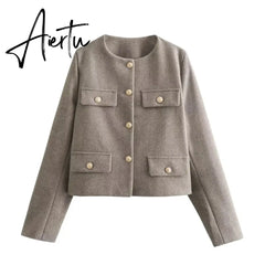 Fashon Tweed Jacket For Women Autumn Winter Long Sleeve Single Breasted Cropped Coat Female Solid O-neck Pocket Outwear Top Aiertu