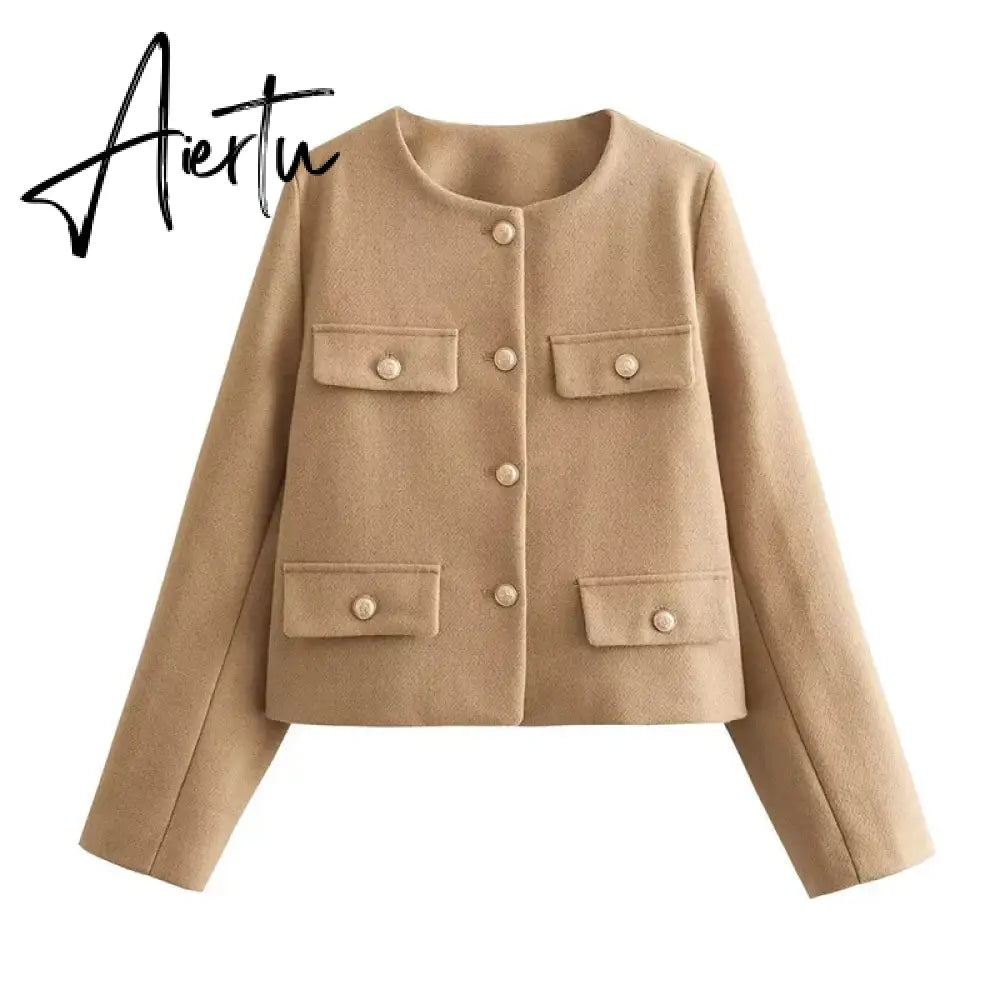 Fashon Tweed Jacket For Women Autumn Winter Long Sleeve Single Breasted Cropped Coat Female Solid O-neck Pocket Outwear Top Aiertu