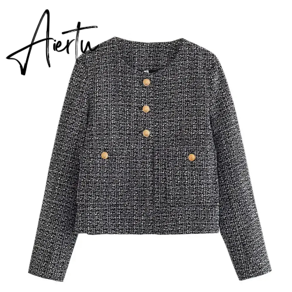 Fashon Tweed Jacket For Women Autumn Winter Long Sleeve Single Breasted Cropped Coat Female Solid O-neck Pocket Outwear Top Aiertu