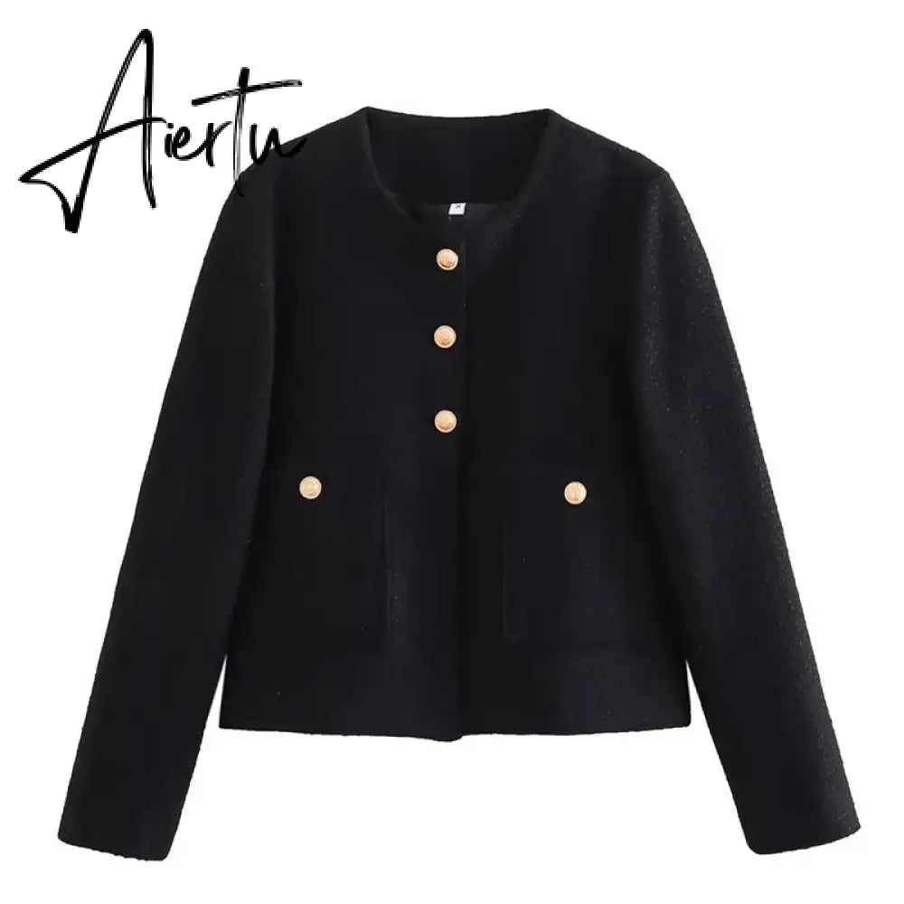 Fashon Tweed Jacket For Women Autumn Winter Long Sleeve Single Breasted Cropped Coat Female Solid O-neck Pocket Outwear Top Aiertu