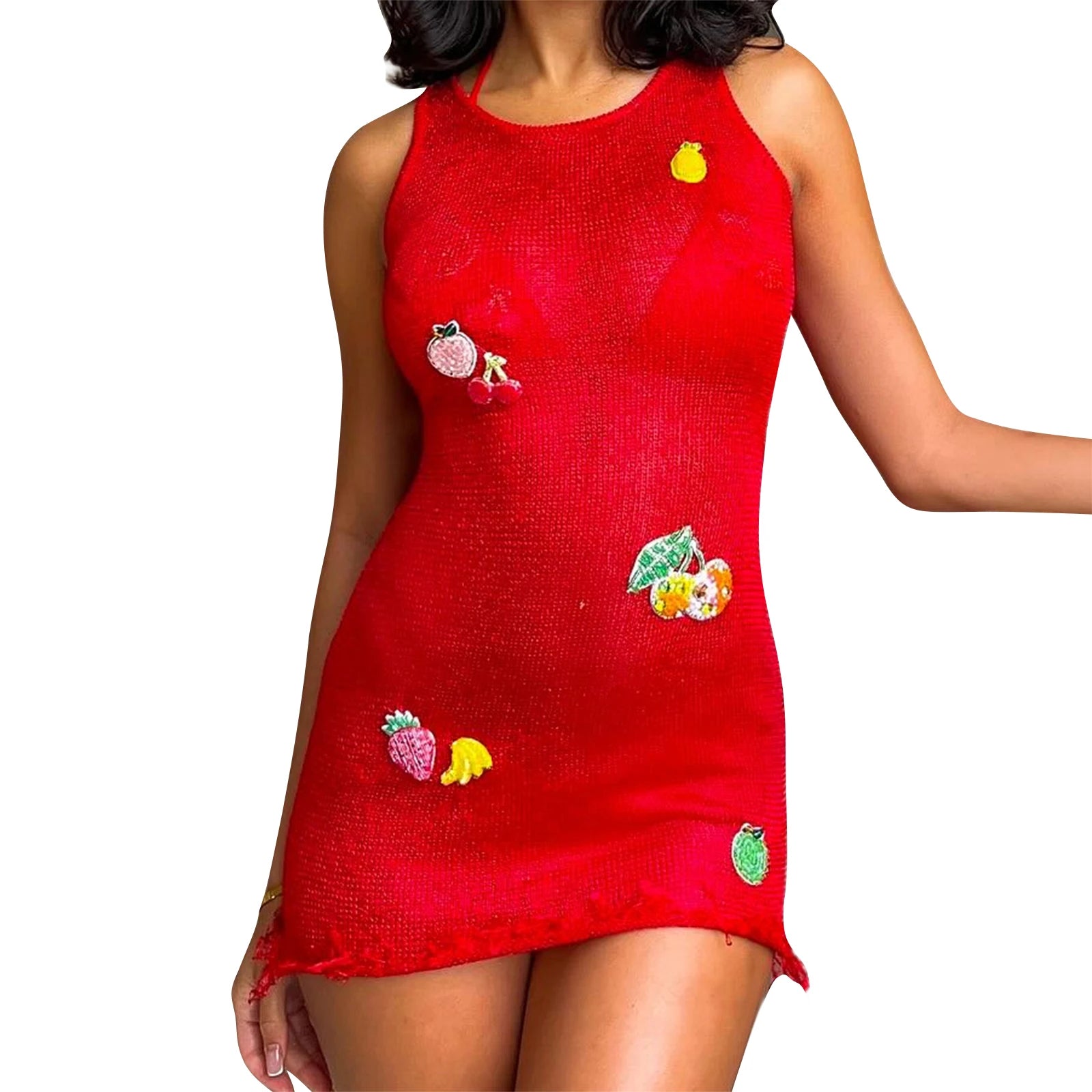 Aiertu  -   Women s Sleeveless Knitted Dress with Round Neckline and Colorful Fruit Patchwork Design Perfect for Summer Beachwear Aiertu