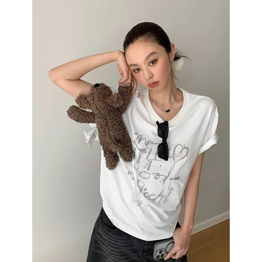 Aiertu  -  Summer new Korean loose letter printing lace bow decoration loose round neck short-sleeved T-shirt Aiertu