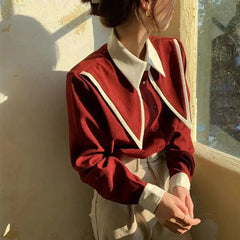 Aiertu Vintage Elegant Shirts Women Chiffon Patchwork Ruffle Turn Down Collar Long Sleeve Blouse Korean Office Lady Loose Tops Aiertu