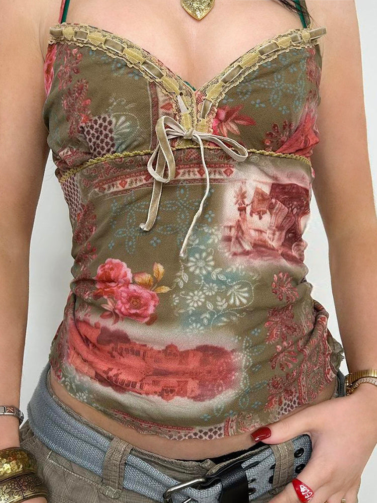 Aiertu - summer inspo Plant And Floral Print Vintage Y2K Aesthetic Mesh Camisole Women Tie Lace Trim Cute Kawaii Clothes Aiertu