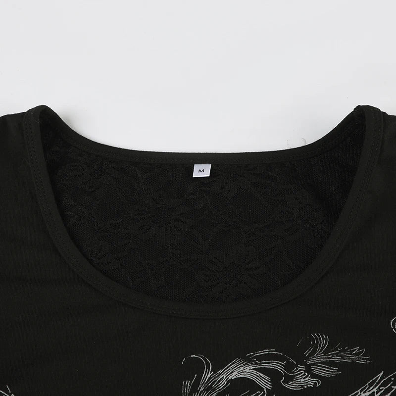 Aiertu  -  Gothic Print Black Short Sleeve T-shirt Women Chic Hollow Out Backless O-neck Tee Shirts Summer Streetwear y2k T Shirts Aiertu