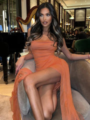 Aiertu  -  Sexy Strapless Mini Dress Female One-shoulder Slim Ruched Dress Mesh Ribbon Patchwork Elegant Evening Party Dress Fashion Aiertu