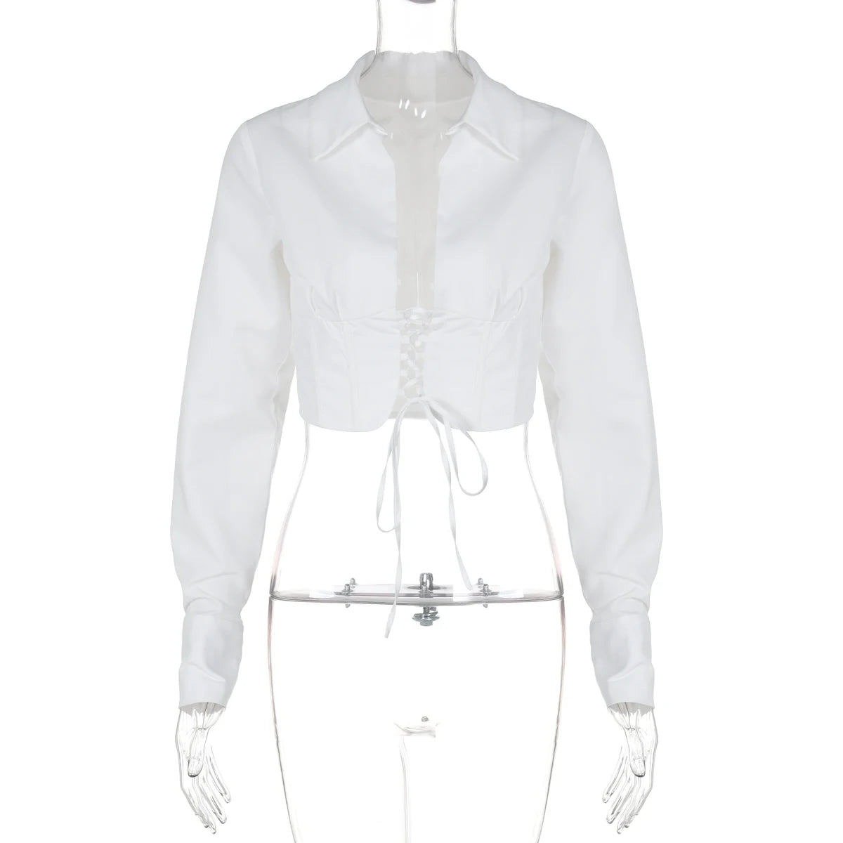 Aiertu  -  Turn-Down Collar Long Sleeves Lace Up Crop Blouses Solid Sexy Bodycon Top Party Clubwear Women'S Autumn Winter Clothes Aiertu