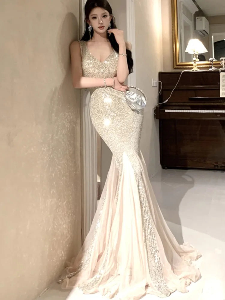 Aiertu  -  Sexy Sequins Mermaid Dress Women Elegant Sleeveless Mesh Patchwork Evening Party Dresses Summer Slim Waist Vestidos Long Robe Aiertu