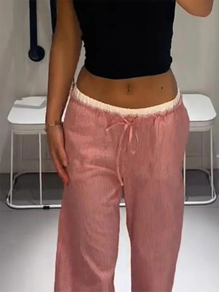 Aiertu  -  Casual Baggy Pants Women High Waist Wide Leg Straight Drawstring 2025 Summer Trouser Low Waist Striped Holiday Street Pants Aiertu