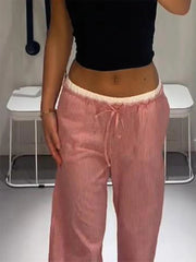 Aiertu  -  Casual Baggy Pants Women High Waist Wide Leg Straight Drawstring 2025 Summer Trouser Low Waist Striped Holiday Street Pants Aiertu