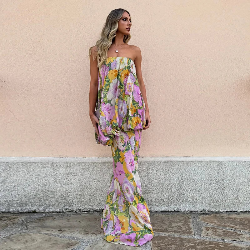 Aiertu  -  Strapless Layered Printed Dress Flower Off Shoulder Backless Layers Slimming Seaside Beach Women Long Dress Fashion Robes Summer Aiertu
