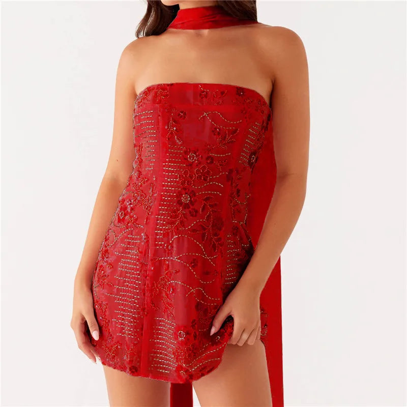 Aiertu  -  Women Sequin Strapless Mini Dress with Scarf Y2K Rhinestone Sleeveless Off Shoulder Dress Sexy Backless Club Party Dress Aiertu
