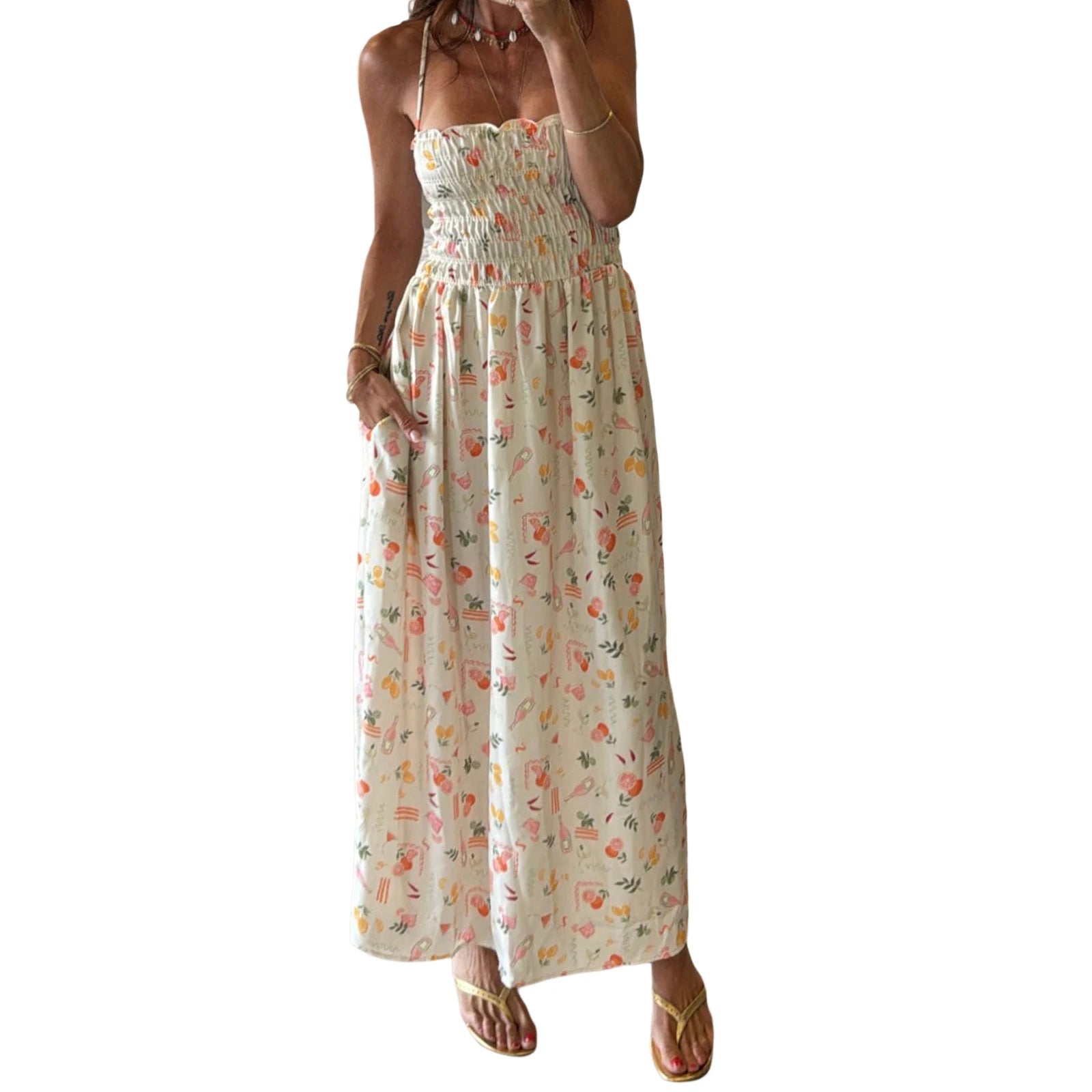 Aiertu  -  Elegant Maxi Dress with Boho Floral Print Adjustable Spaghetti Straps and Flowy Silhouette for Summer Beach Wedding or Aiertu