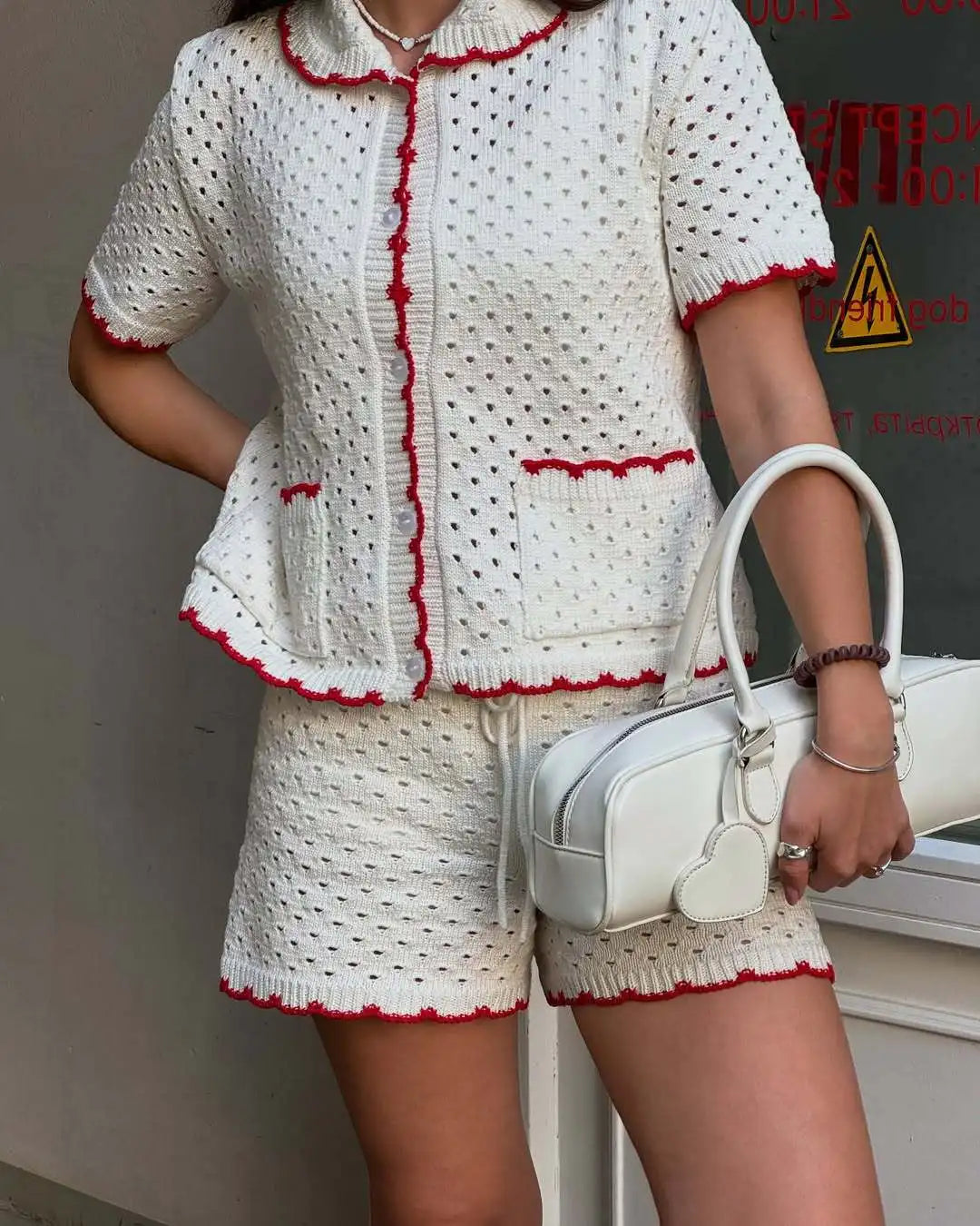 Aiertu  -  Knitted Shorts Set Fashion Casual Clashing Cardigan Top Lace Up Shorts Set Women  Vacation Sports Knitted Shorts Set Aiertu