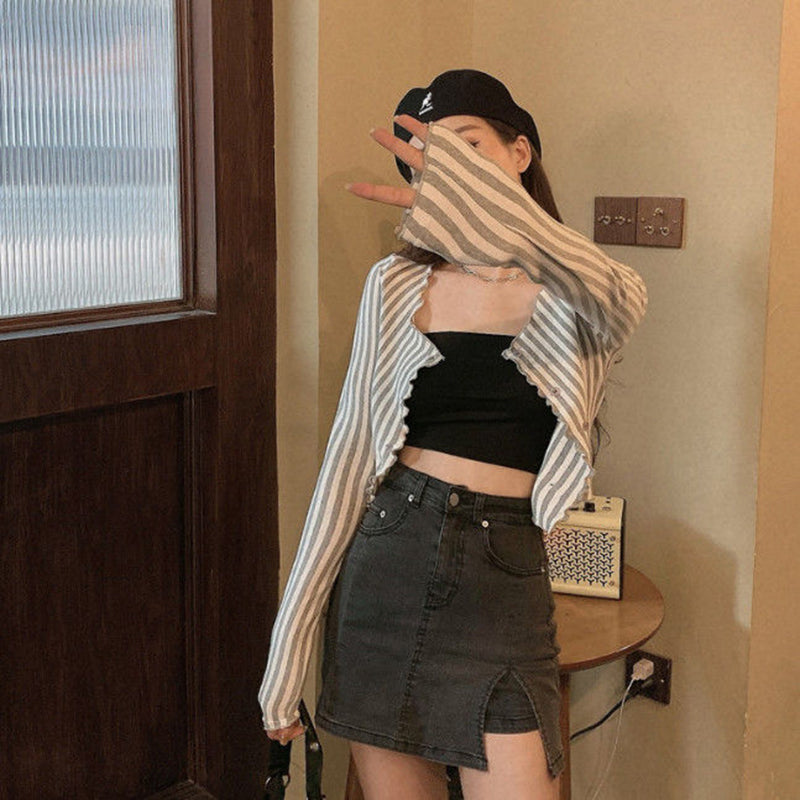 Aiertu Vintage Striped Shirts Women Y2K Tunic Slim Crop Tops Streetwear Korean Harajuku Long Sleeve Skinny Casual Blouses New Aiertu