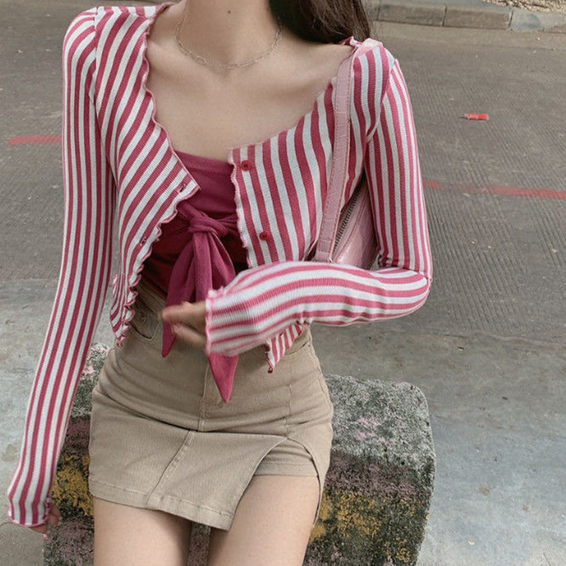 Aiertu Vintage Striped Shirts Women Y2K Tunic Slim Crop Tops Streetwear Korean Harajuku Long Sleeve Skinny Casual Blouses New Aiertu