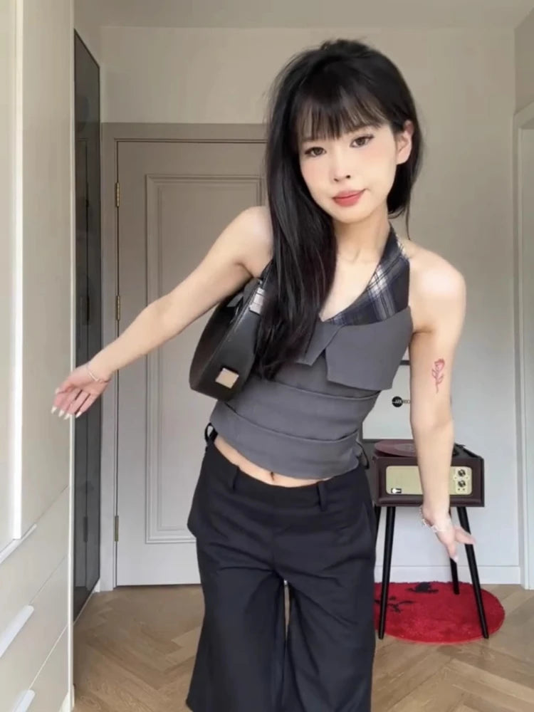 Aiertu  -  Fake Two Pieces Plaid Patchwork Halter Tanks Summer Y2k Aesthetic Slim Vintage Tank Top Streetwear Grunge Pleated Cropped Vest Aiertu