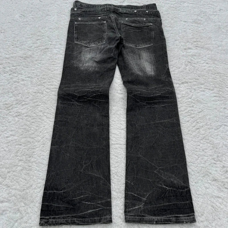 Aiertu  -  Streetwear Washed Jeans for Mens and Womens Goth Harajuku Retro Double Waist Lace Up Jeans Hip Hop Punk Ripped Wide Leg Trousers Aiertu