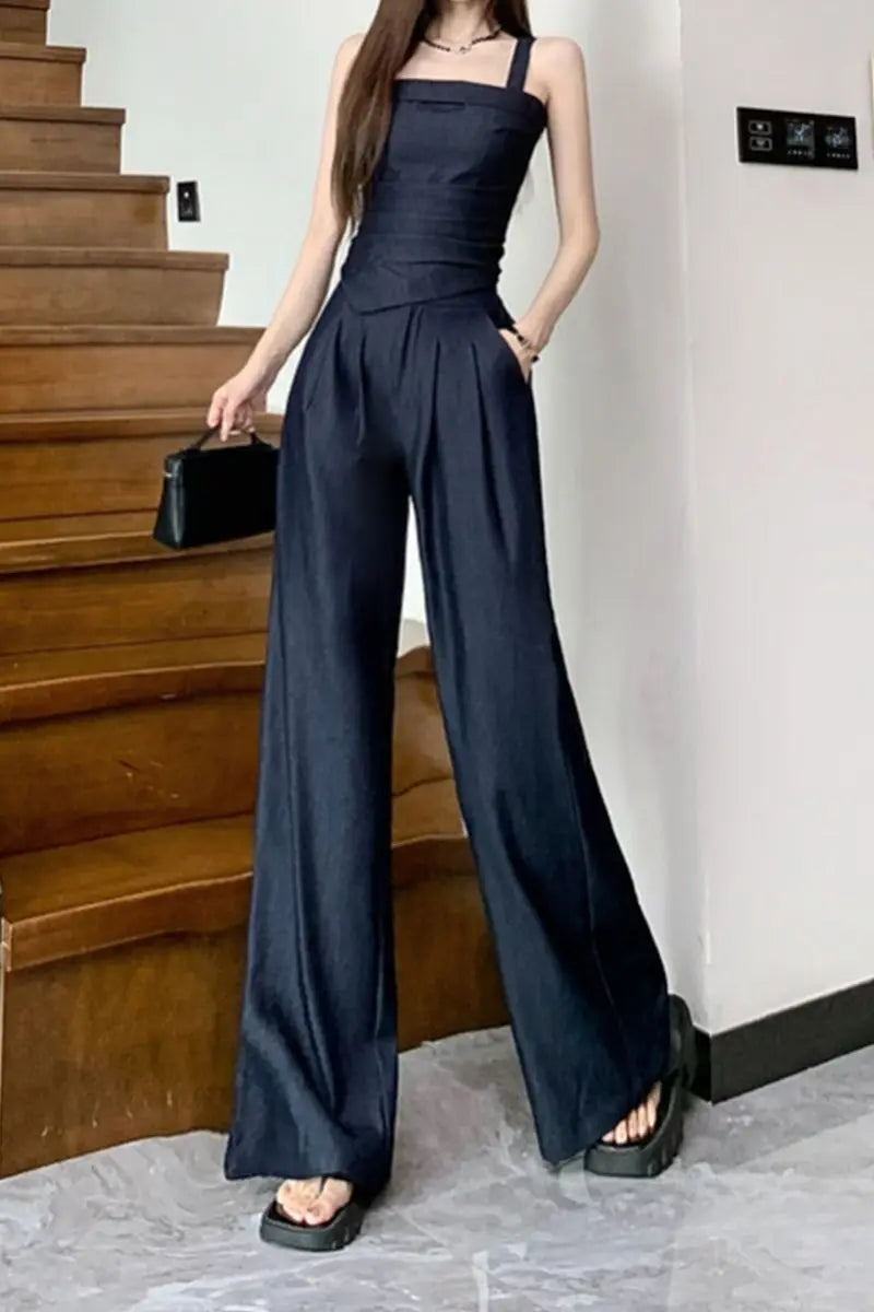 Aiertu  -  Sweet Hot Girl Pure Sexy Suit Women's Summer Denim Camisole Vest High Waist Wide Leg Pants Two-piece Set Fashion Female Clothes Aiertu