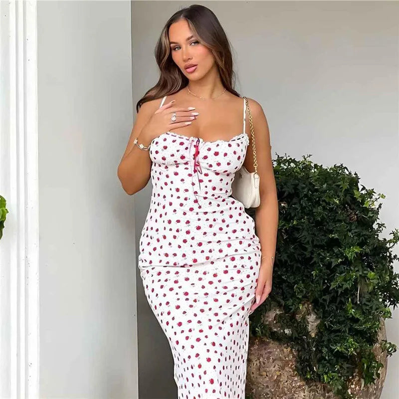 Aiertu  -  Fashion Holidays Floral Printed Summer Long Dress Tie-Up Lace Trim Spaghetti Strap Sexy Sundress Slim Boho Women New Aiertu