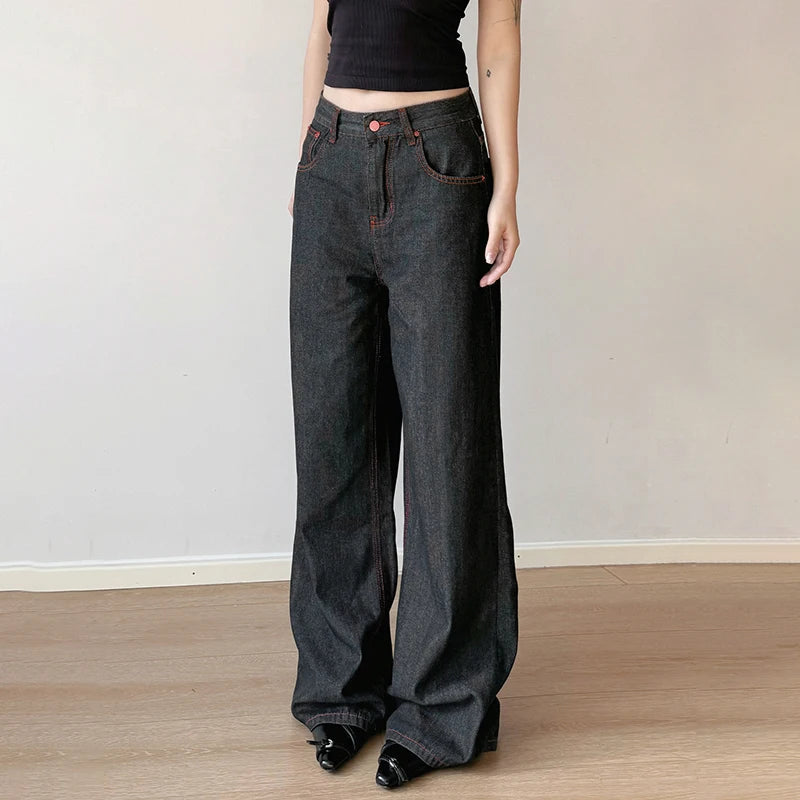 Aiertu  -  Y2K Contrast Stitch Black Straight Jeans Vintage Embroidery Pockets Back Harajuku Vintage Loose Denim Pants Grunge Aiertu